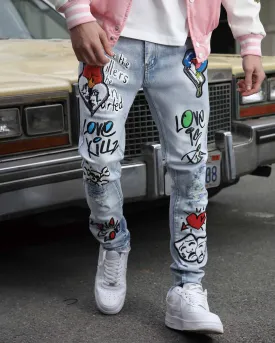 Medium Wash Slim Fit Blue Graffiti Painted Ripped Jeans-Mexico Local Delivery