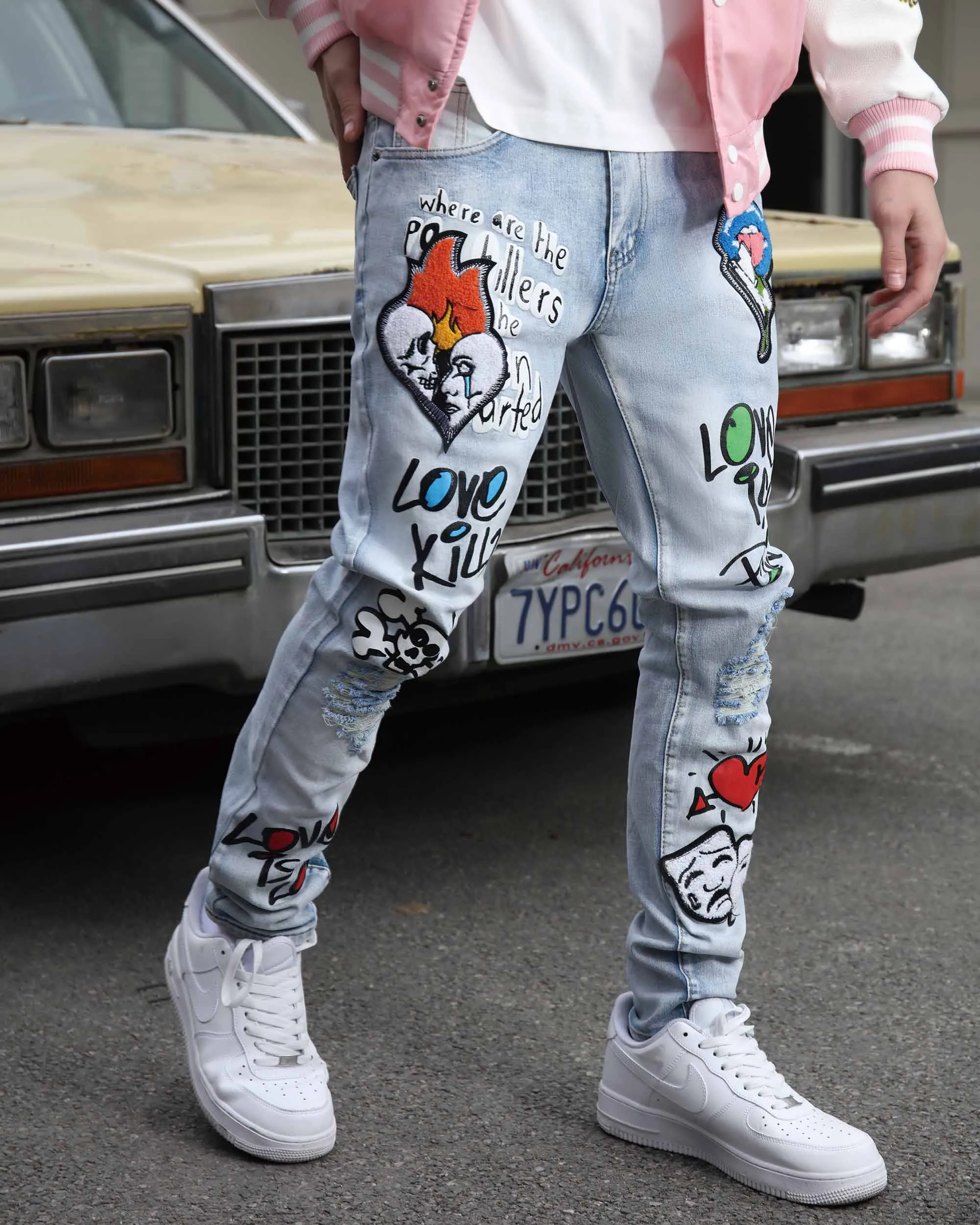 Medium Wash Slim Fit Blue Graffiti Painted Ripped Jeans-Mexico Local Delivery