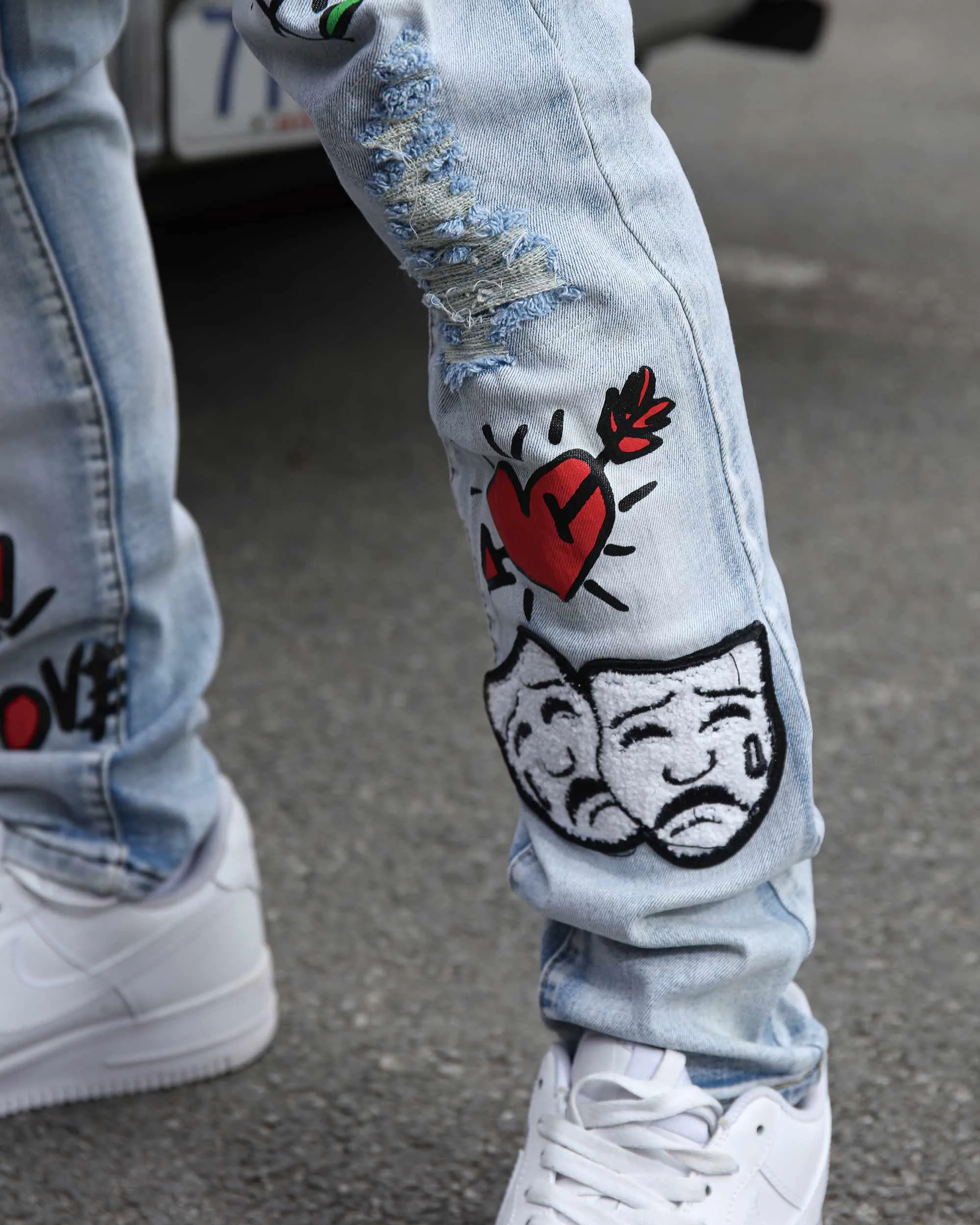 Medium Wash Slim Fit Blue Graffiti Painted Ripped Jeans-Mexico Local Delivery