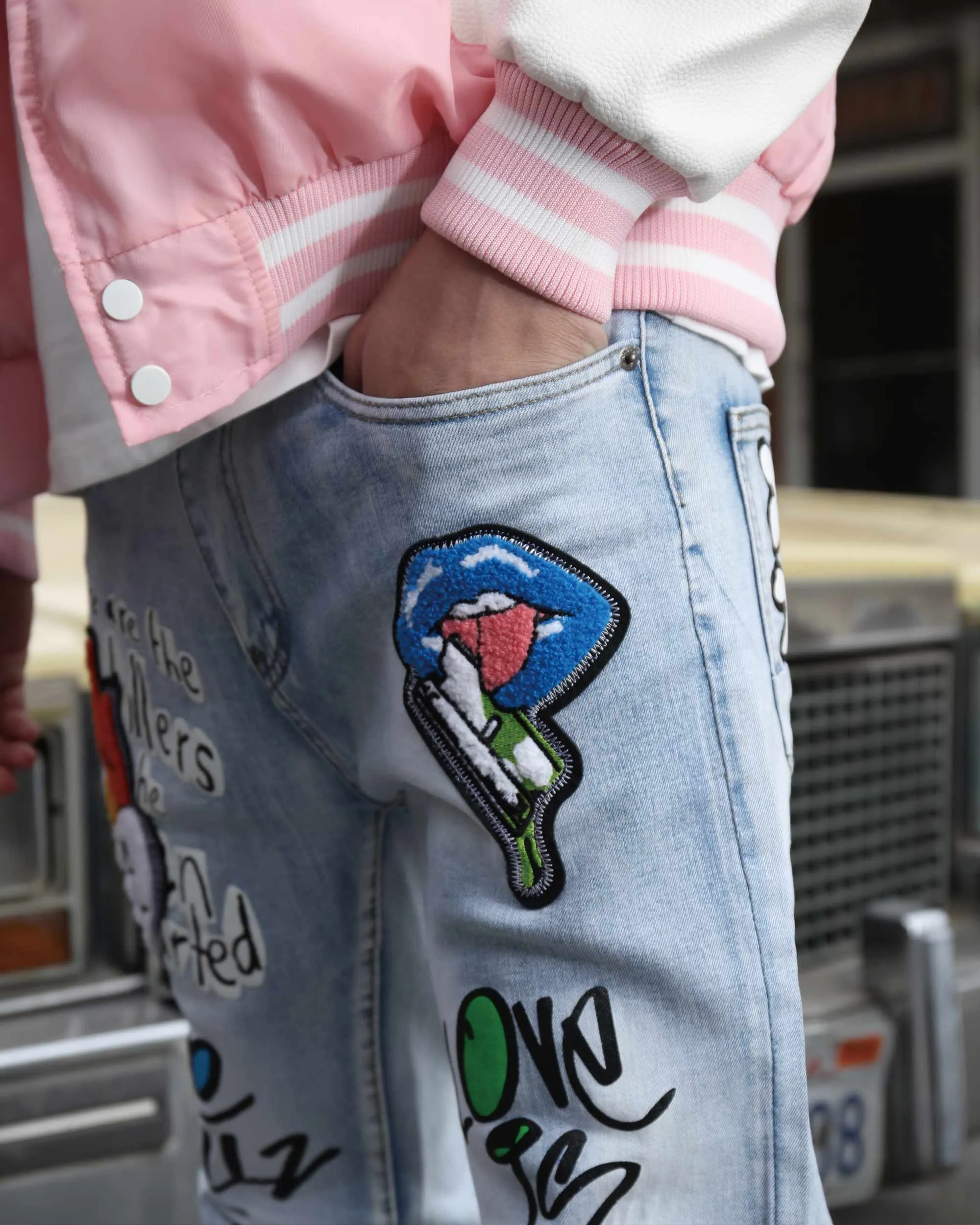 Medium Wash Slim Fit Blue Graffiti Painted Ripped Jeans-Mexico Local Delivery