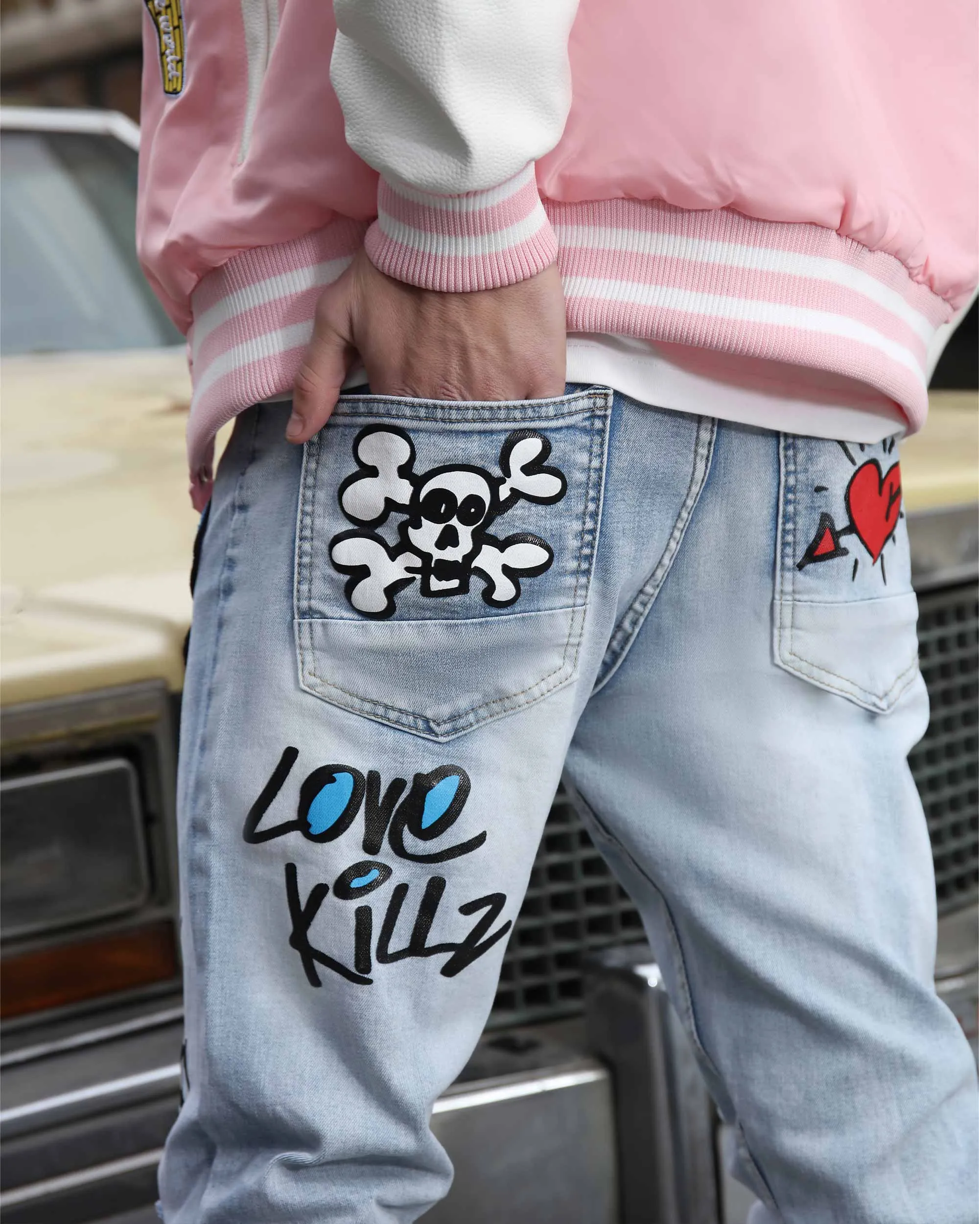 Medium Wash Slim Fit Blue Graffiti Painted Ripped Jeans-Mexico Local Delivery