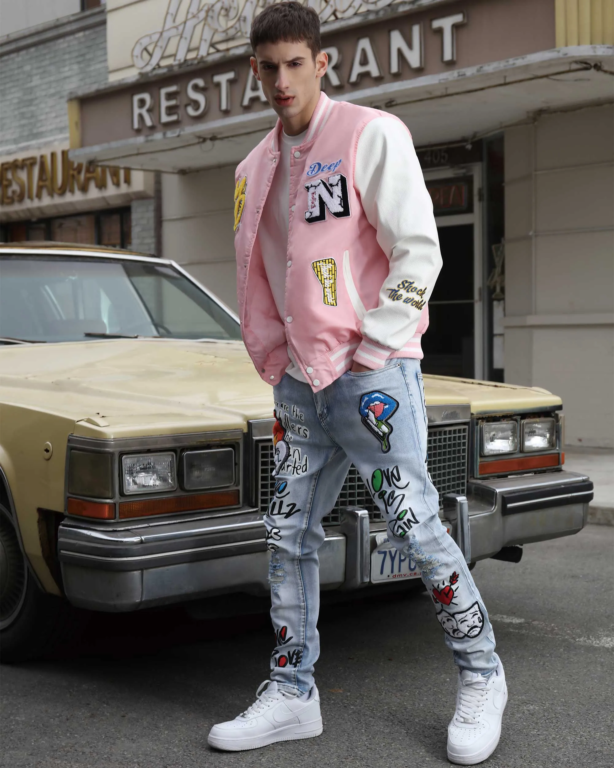 Medium Wash Slim Fit Blue Graffiti Painted Ripped Jeans-Mexico Local Delivery