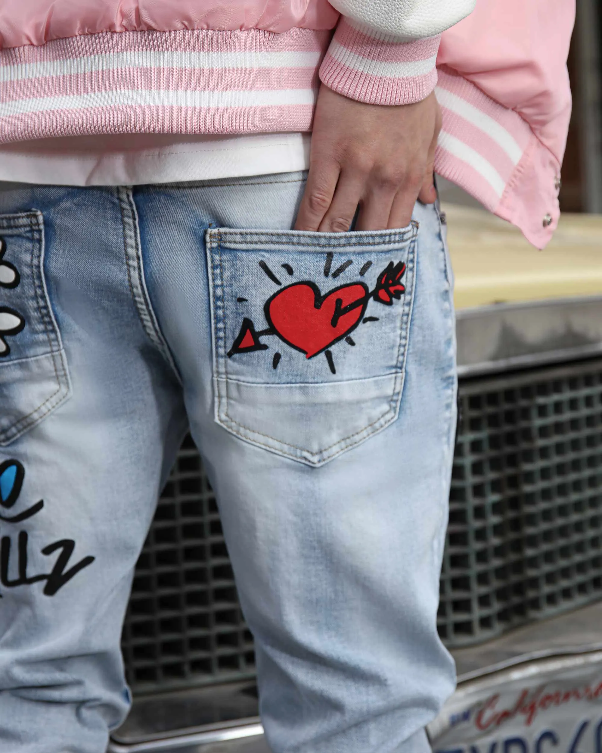 Medium Wash Slim Fit Blue Graffiti Painted Ripped Jeans-Mexico Local Delivery