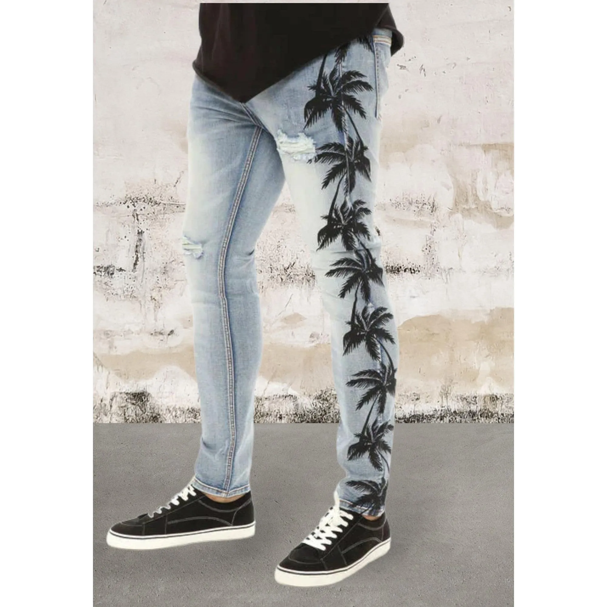 Men ripped skinny palm tree Jeans
