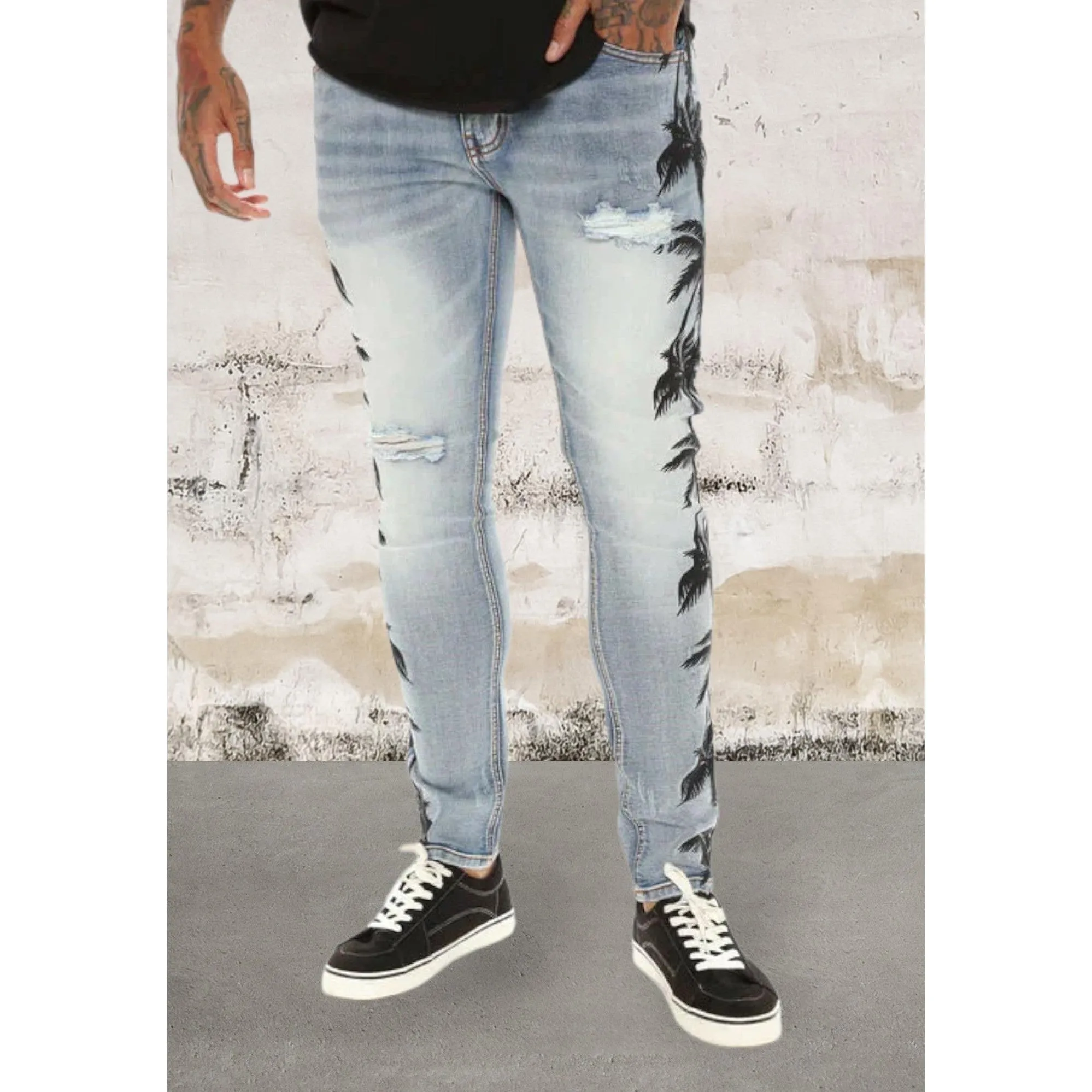 Men ripped skinny palm tree Jeans