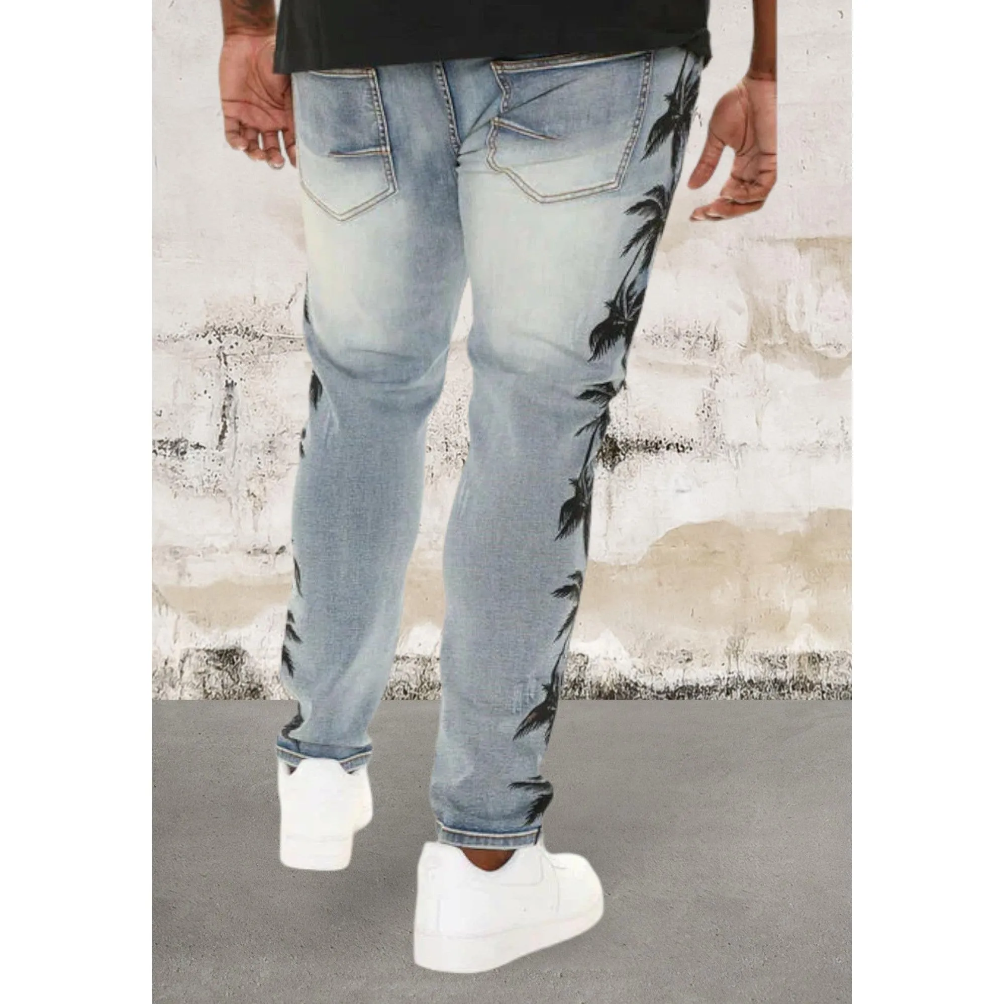 Men ripped skinny palm tree Jeans