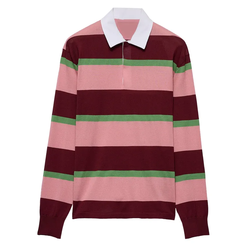 Men's Casual Fashion Striped Contrast Lapel Long-sleeved POLO Shirt 11423282F