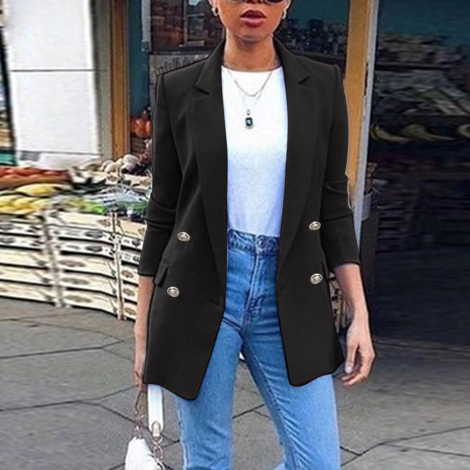 Miyaomn Womens Solid Color Casual Office Blazer Suit Jacket Slim Fit Double Breasted Notched Shawl Collar Sports Coat Outwear