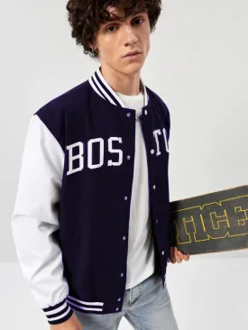 Navy Blue Boston Print Baseball jacket