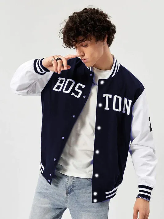 Navy Blue Boston Print Baseball jacket