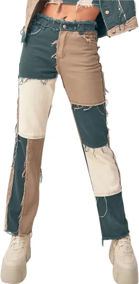 PAODIKUAI Women Patchwork Jeans Raw Hem Denim Pants Slim Bootcut Jean Hight Waist Distressed Straight Denim Jeans