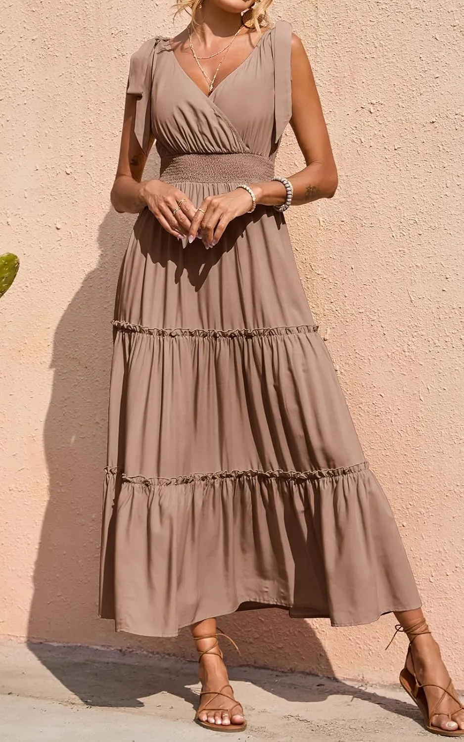 PRETTYGARDEN Women's Cross Neck Summer Sleeveless Tiered Maxi Dress Beach Tie Strap Smocked Long Dresses Pleated Sundress