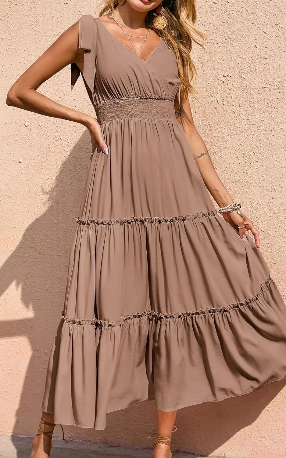 PRETTYGARDEN Women's Cross Neck Summer Sleeveless Tiered Maxi Dress Beach Tie Strap Smocked Long Dresses Pleated Sundress