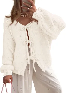 PRETTYGARDEN Women's Tie Front Bow Cardigan Sweaters Chunky Knit Long Puff Sleeve Trendy Fall Winter Jacket Coats