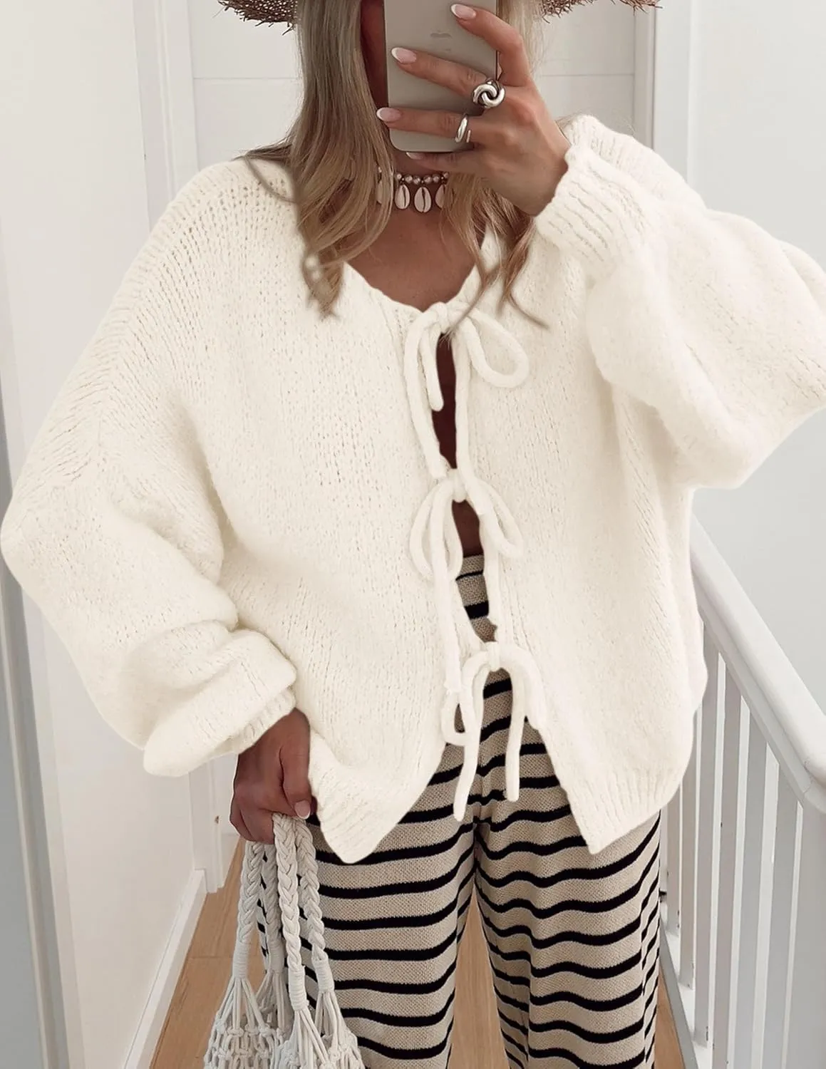 PRETTYGARDEN Women's Tie Front Bow Cardigan Sweaters Chunky Knit Long Puff Sleeve Trendy Fall Winter Jacket Coats