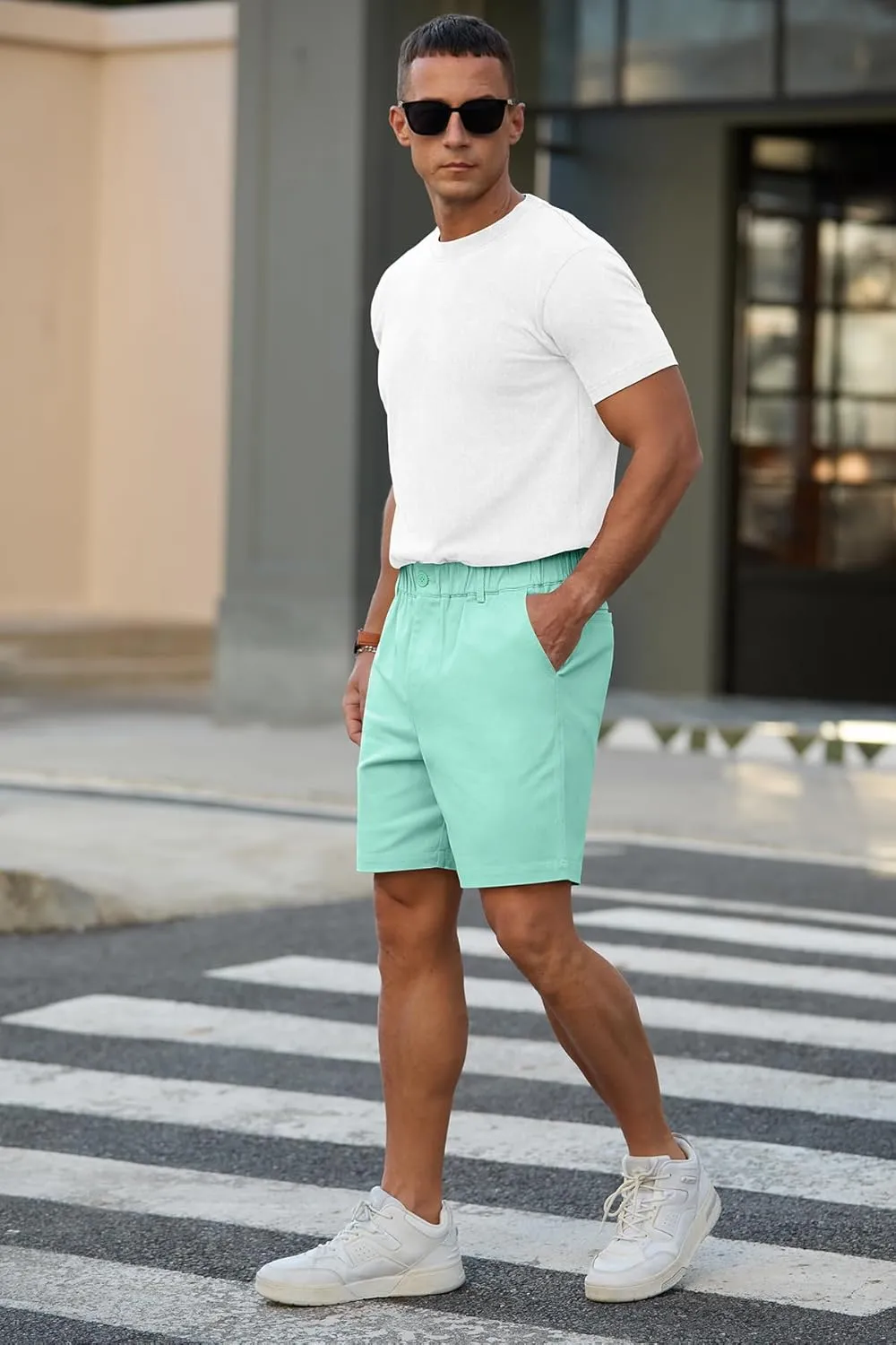 RQP Men's Cotton Casual Classic-fit 7" Chino Shorts Elastic Waist Daily Wear Dress Baech Summer Shorts