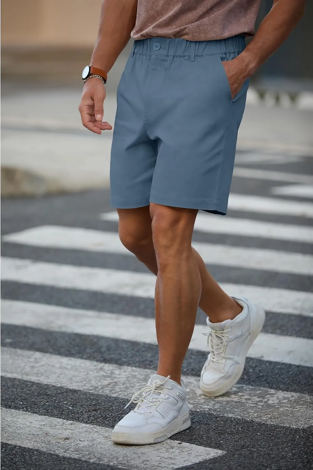 RQP Men's Cotton Casual Classic-fit 7" Chino Shorts Elastic Waist Daily Wear Dress Baech Summer Shorts