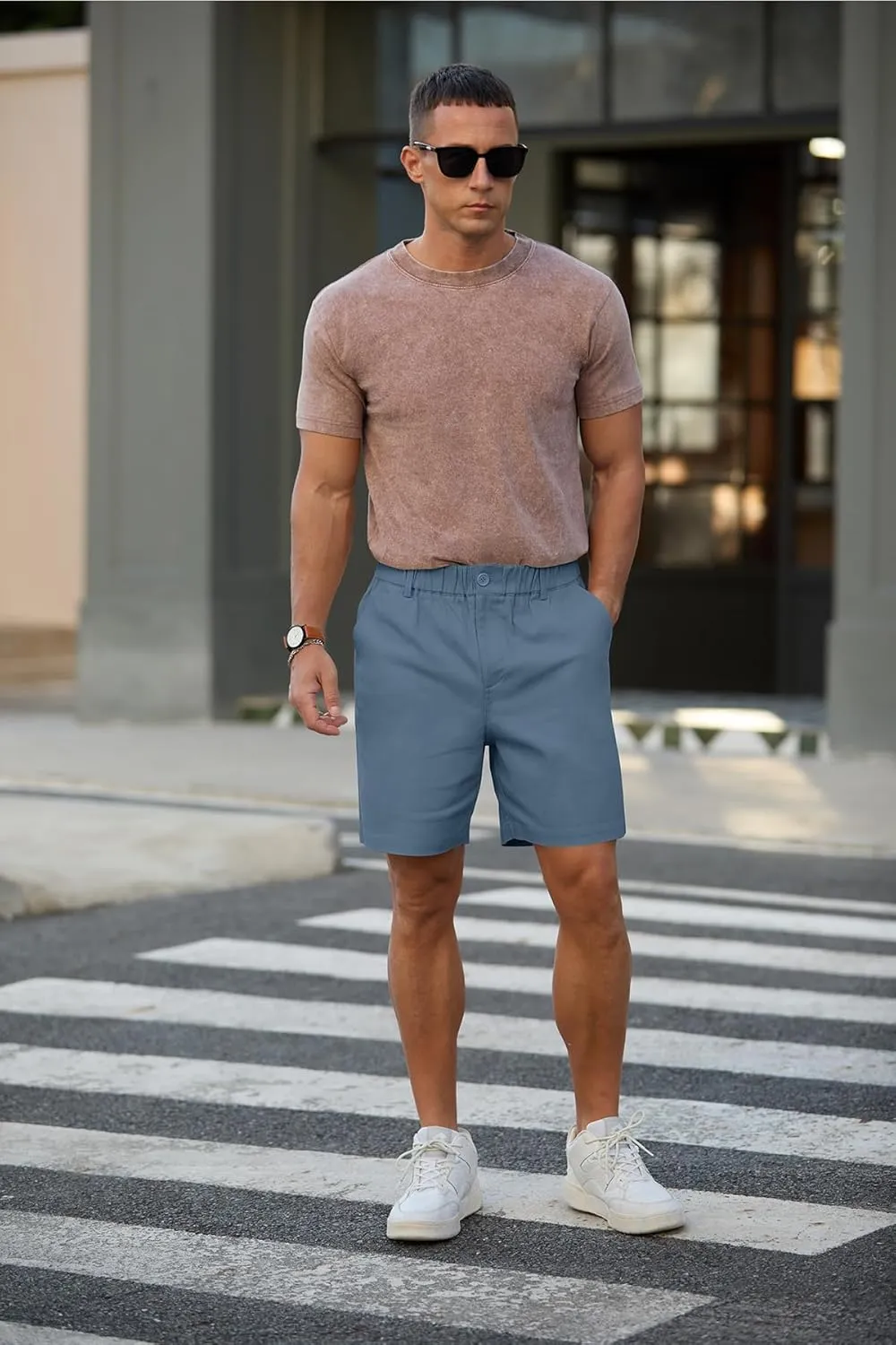 RQP Men's Cotton Casual Classic-fit 7" Chino Shorts Elastic Waist Daily Wear Dress Baech Summer Shorts