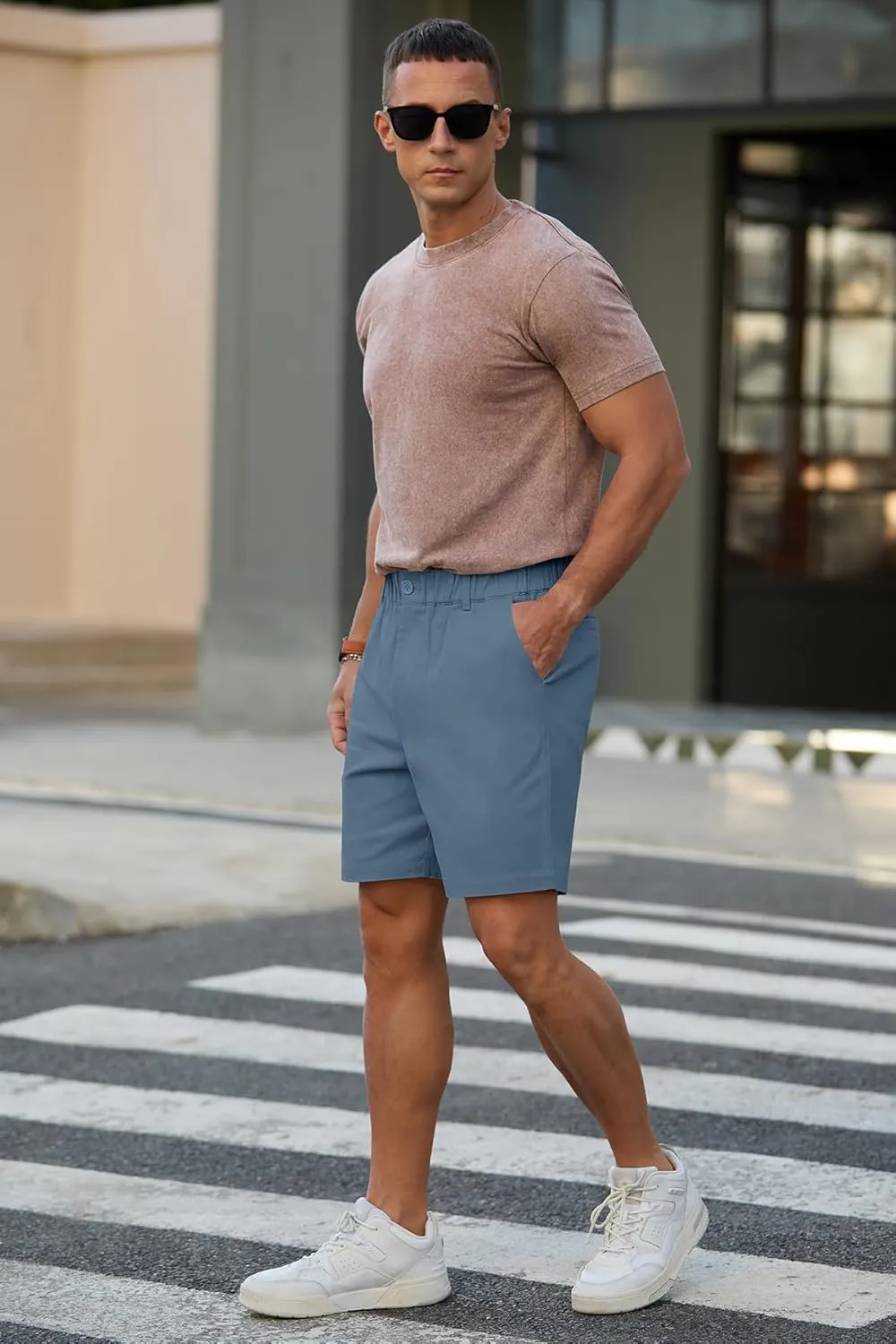 RQP Men's Cotton Casual Classic-fit 7" Chino Shorts Elastic Waist Daily Wear Dress Baech Summer Shorts