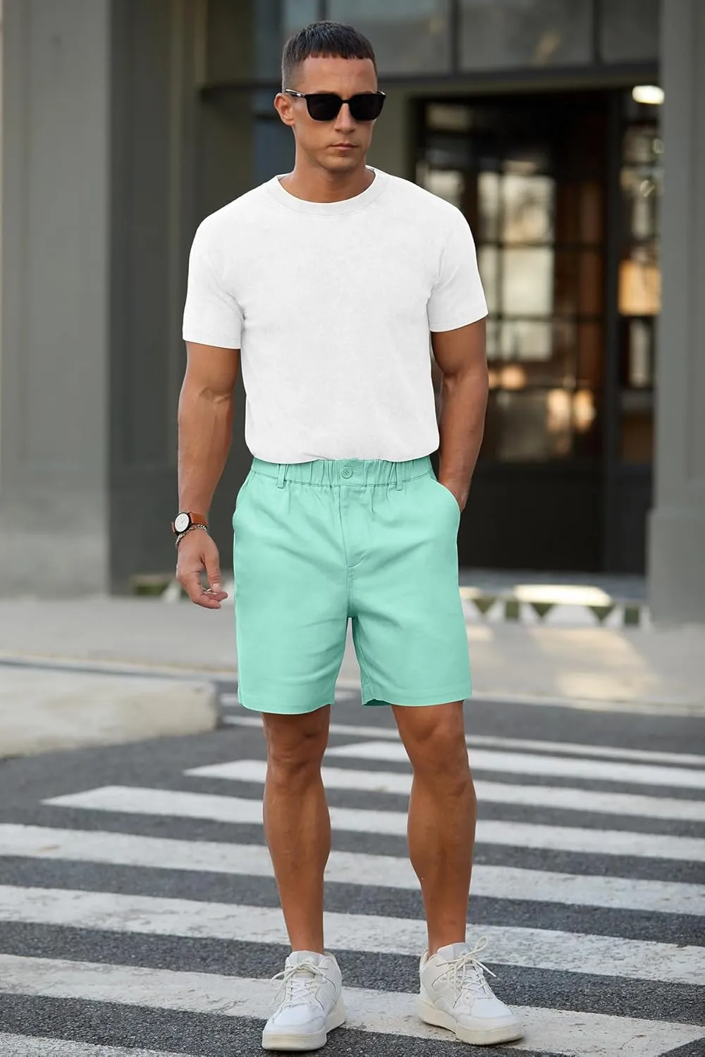 RQP Men's Cotton Casual Classic-fit 7" Chino Shorts Elastic Waist Daily Wear Dress Baech Summer Shorts