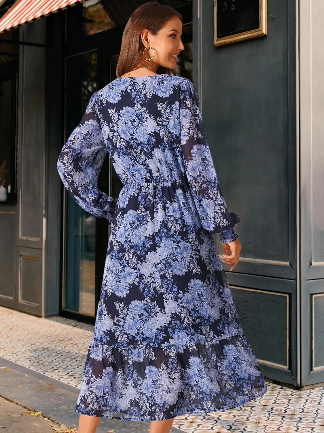 Seta T Women's Long Sleeve Floral Dresses V Neck Boho Ruffle Tiered Flowy Chiffon Midi Dress with Pocket