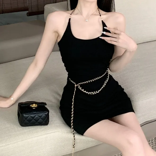Solid Color Long Sleeve Cardigan Halter Neck Dress