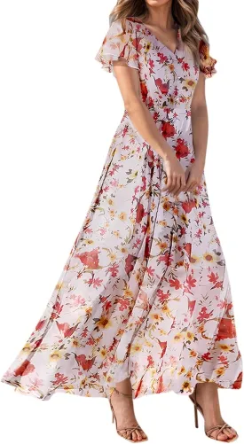 Summer Dress for Women Swing Flowy Ruffle Hem Dresses Short Sleeve Wrap V Neck Chiffon Boho Floral Maxi Dresses