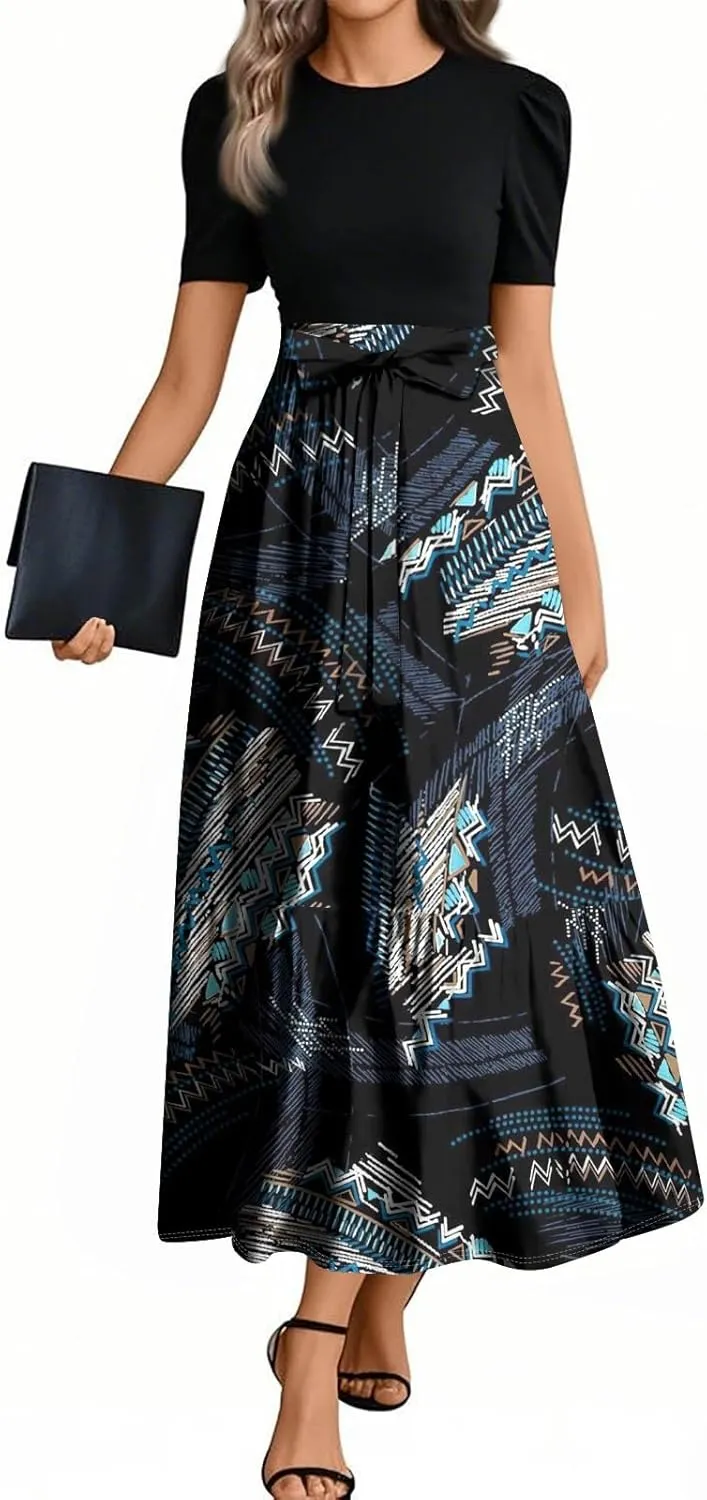 Summer Dresses for Women Floral Printrd A-Line Dress with Belt Flowy High Waist Maxi Dress Casual Elegant Long Dress