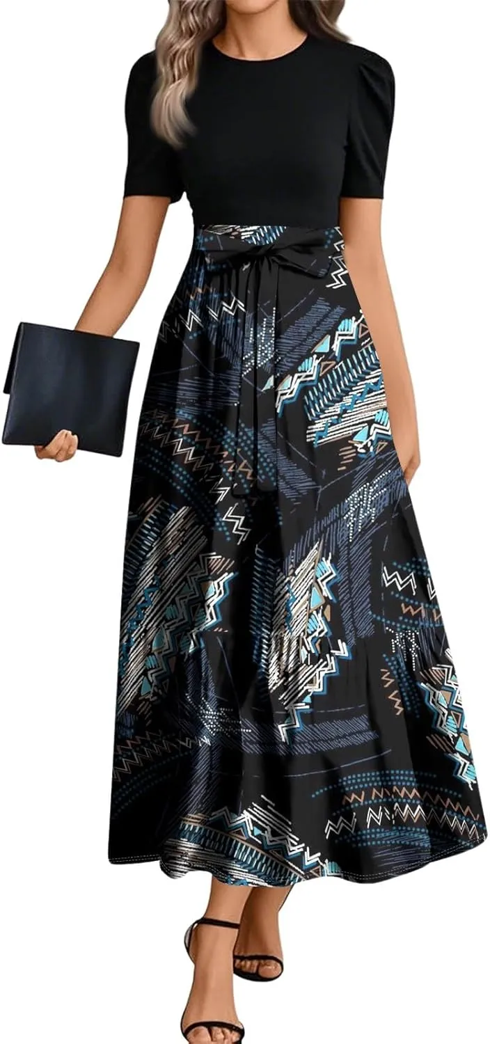 Summer Dresses for Women Floral Printrd A-Line Dress with Belt Flowy High Waist Maxi Dress Casual Elegant Long Dress