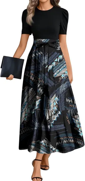 Summer Dresses for Women Floral Printrd A-Line Dress with Belt Flowy High Waist Maxi Dress Casual Elegant Long Dress