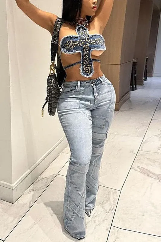 TA022 Studded Fashion Denim Top