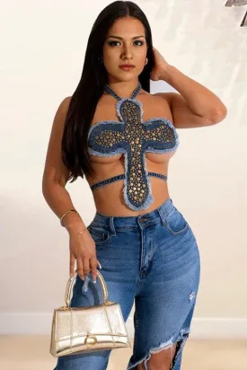TA022 Studded Fashion Denim Top