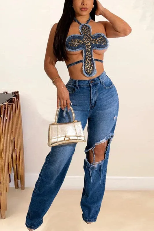 TA022 Studded Fashion Denim Top