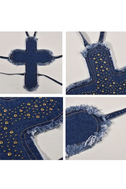 TA022 Studded Fashion Denim Top