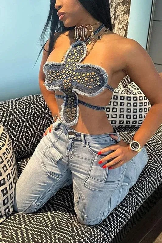TA022 Studded Fashion Denim Top