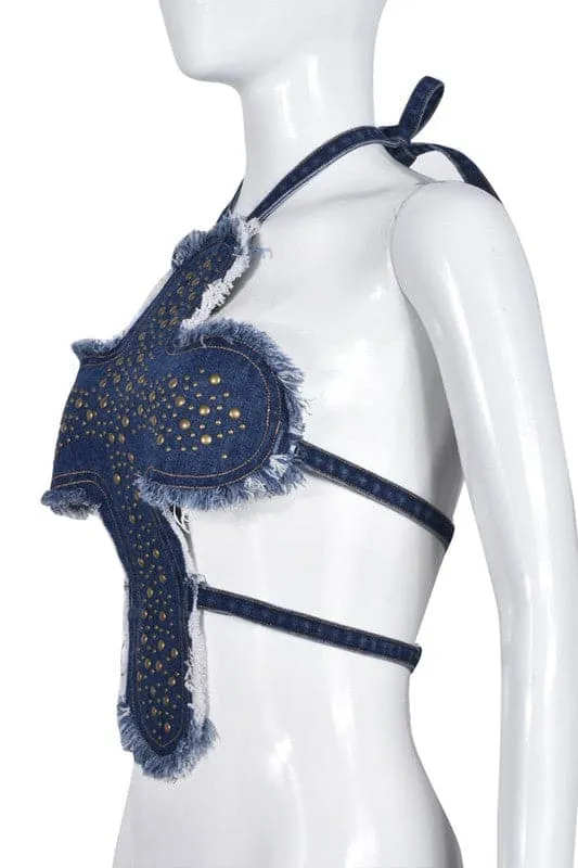 TA022 Studded Fashion Denim Top