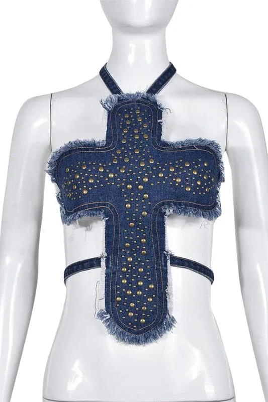 TA022 Studded Fashion Denim Top