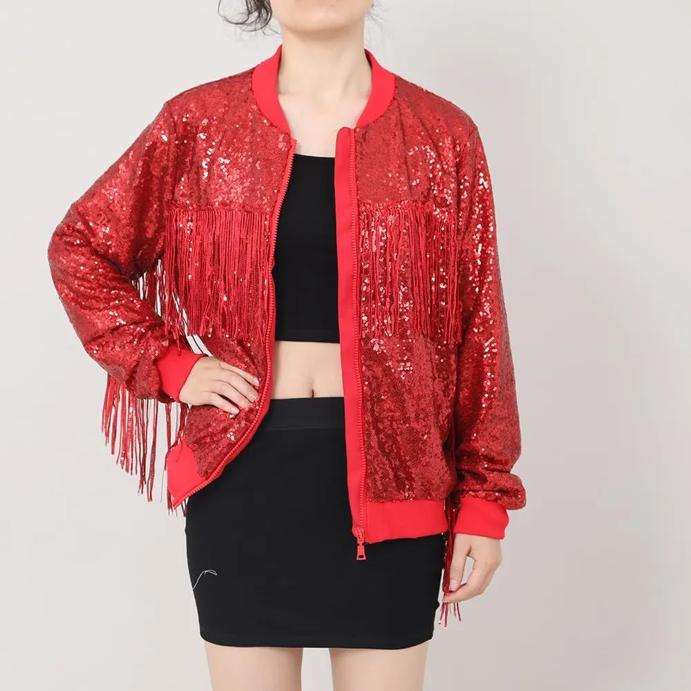 Tessel Sequin Jacket for Women Sparkly Bomber Varsity Trendy Shiny Coat Ladies Glitter Birthday Party Holiday Clothes