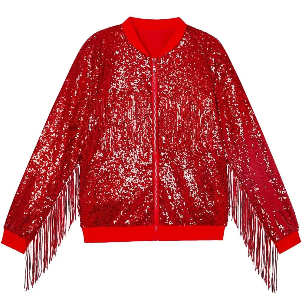 Tessel Sequin Jacket for Women Sparkly Bomber Varsity Trendy Shiny Coat Ladies Glitter Birthday Party Holiday Clothes