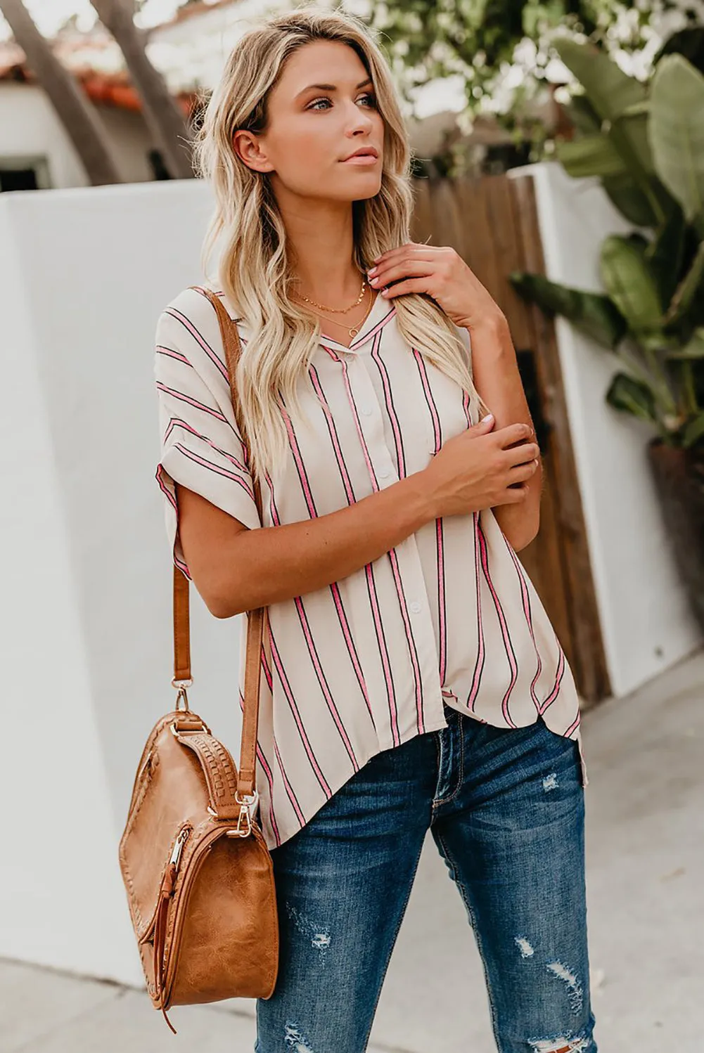 Turnover Neck Striped Button Up Shirt Womens