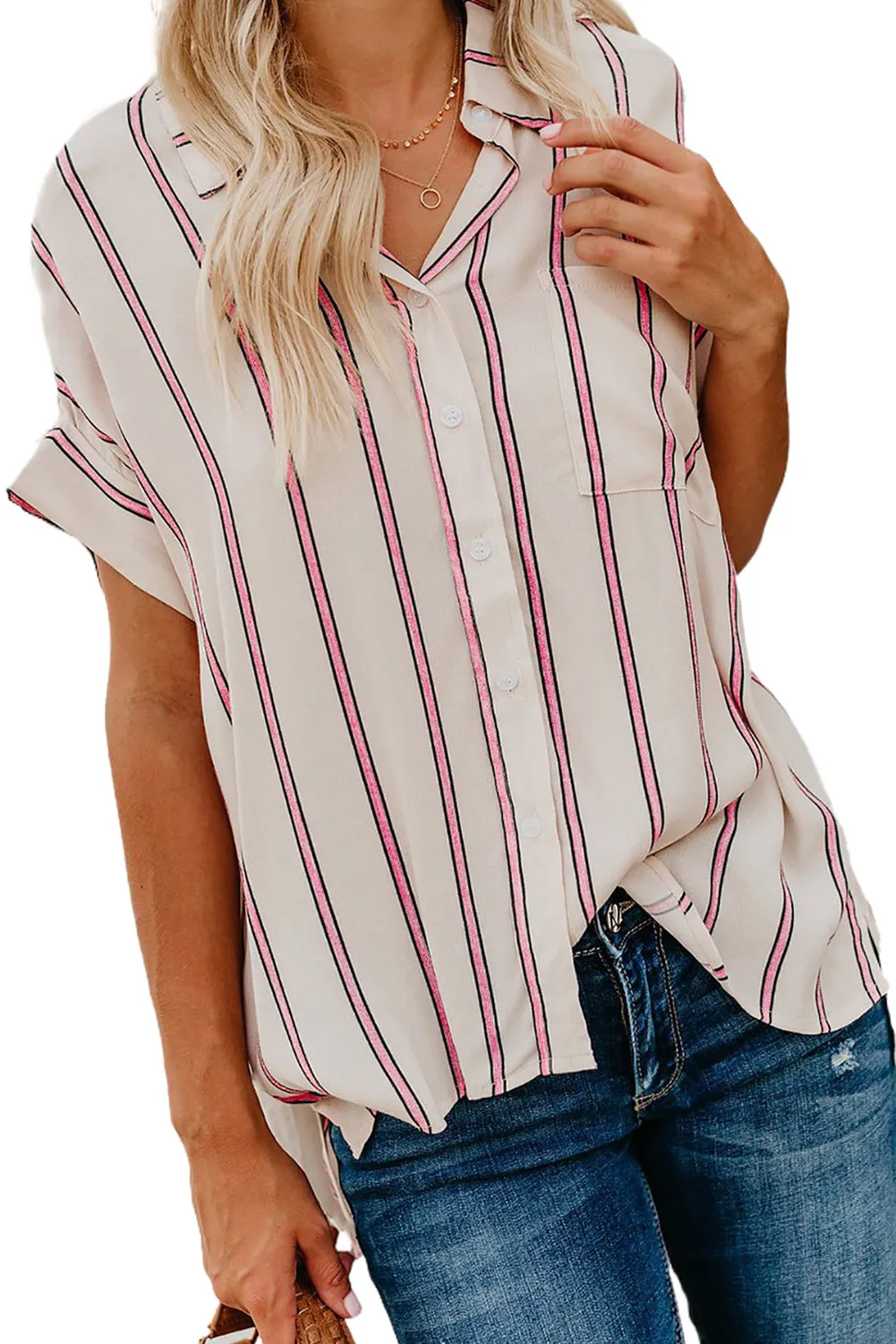 Turnover Neck Striped Button Up Shirt Womens