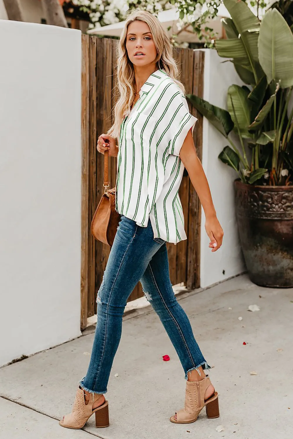 Turnover Neck Striped Button Up Shirt Womens