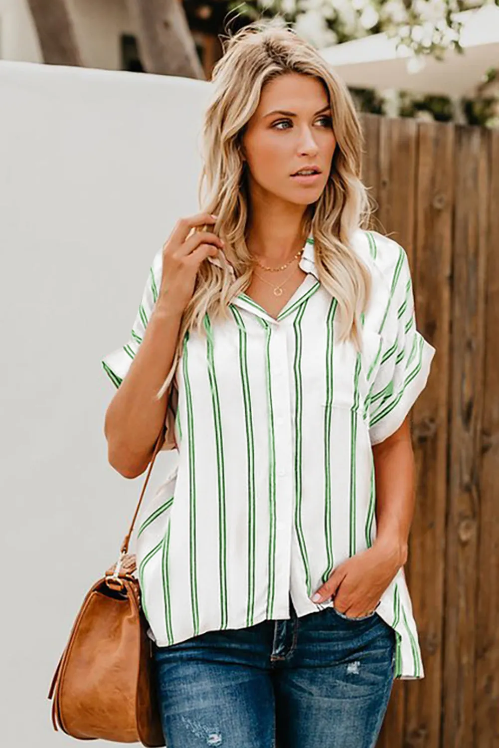 Turnover Neck Striped Button Up Shirt Womens