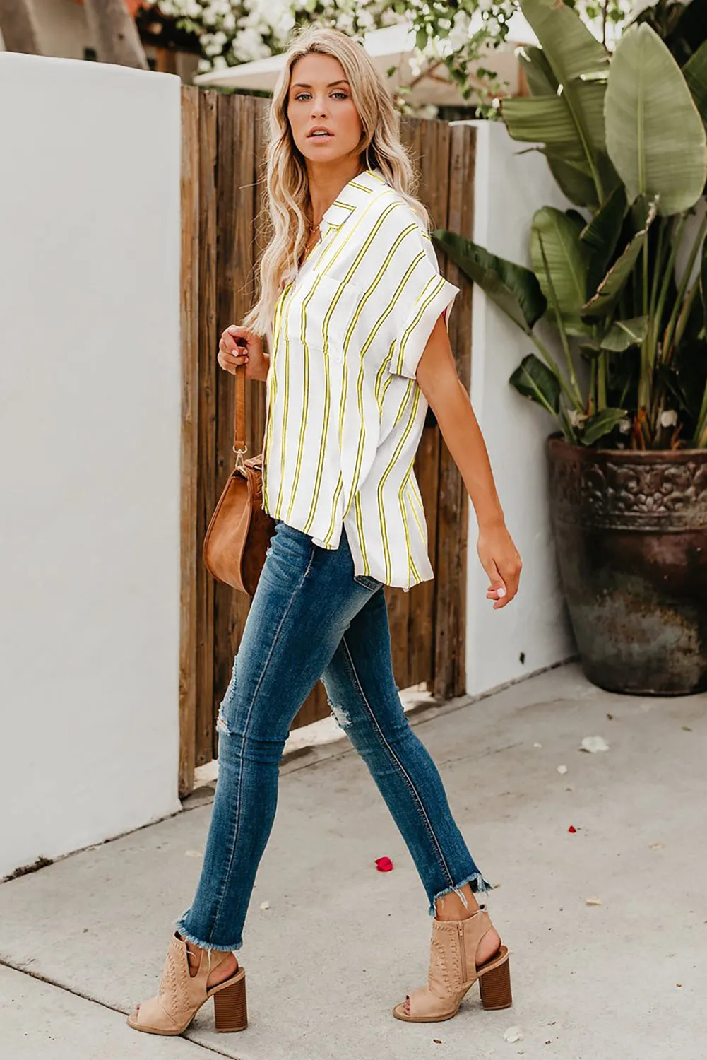 Turnover Neck Striped Button Up Shirt Womens