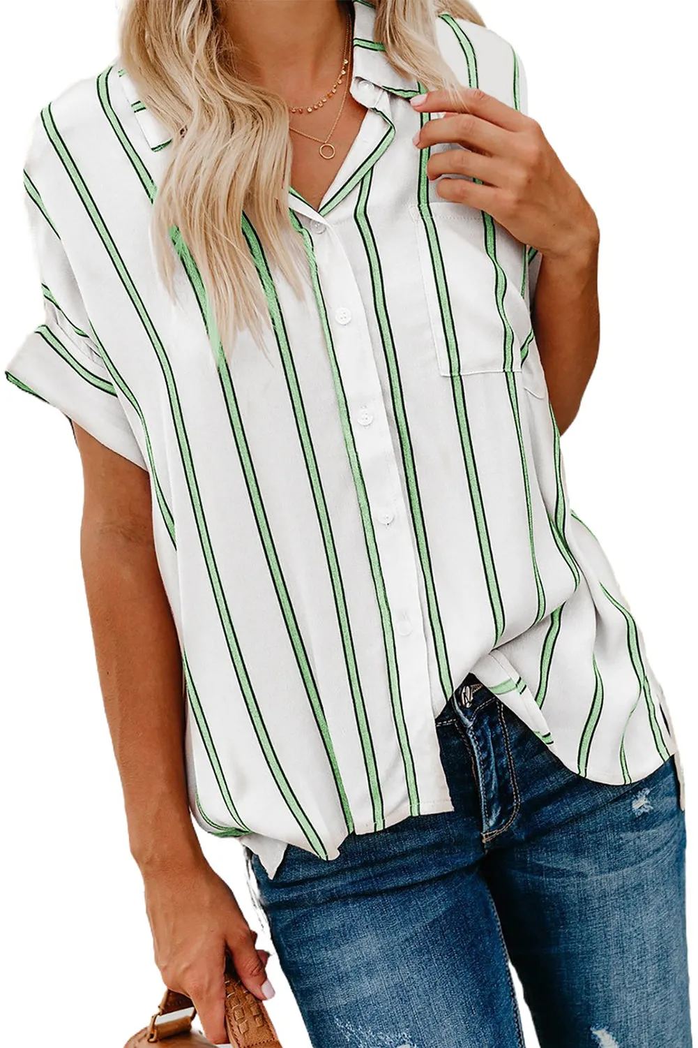 Turnover Neck Striped Button Up Shirt Womens