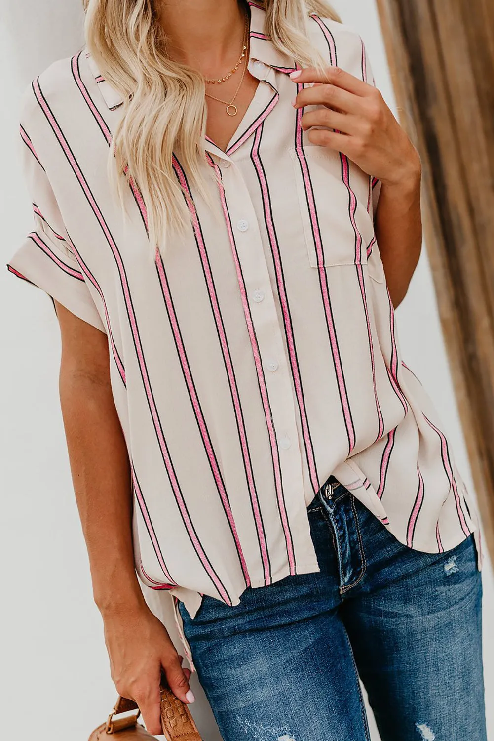 Turnover Neck Striped Button Up Shirt Womens