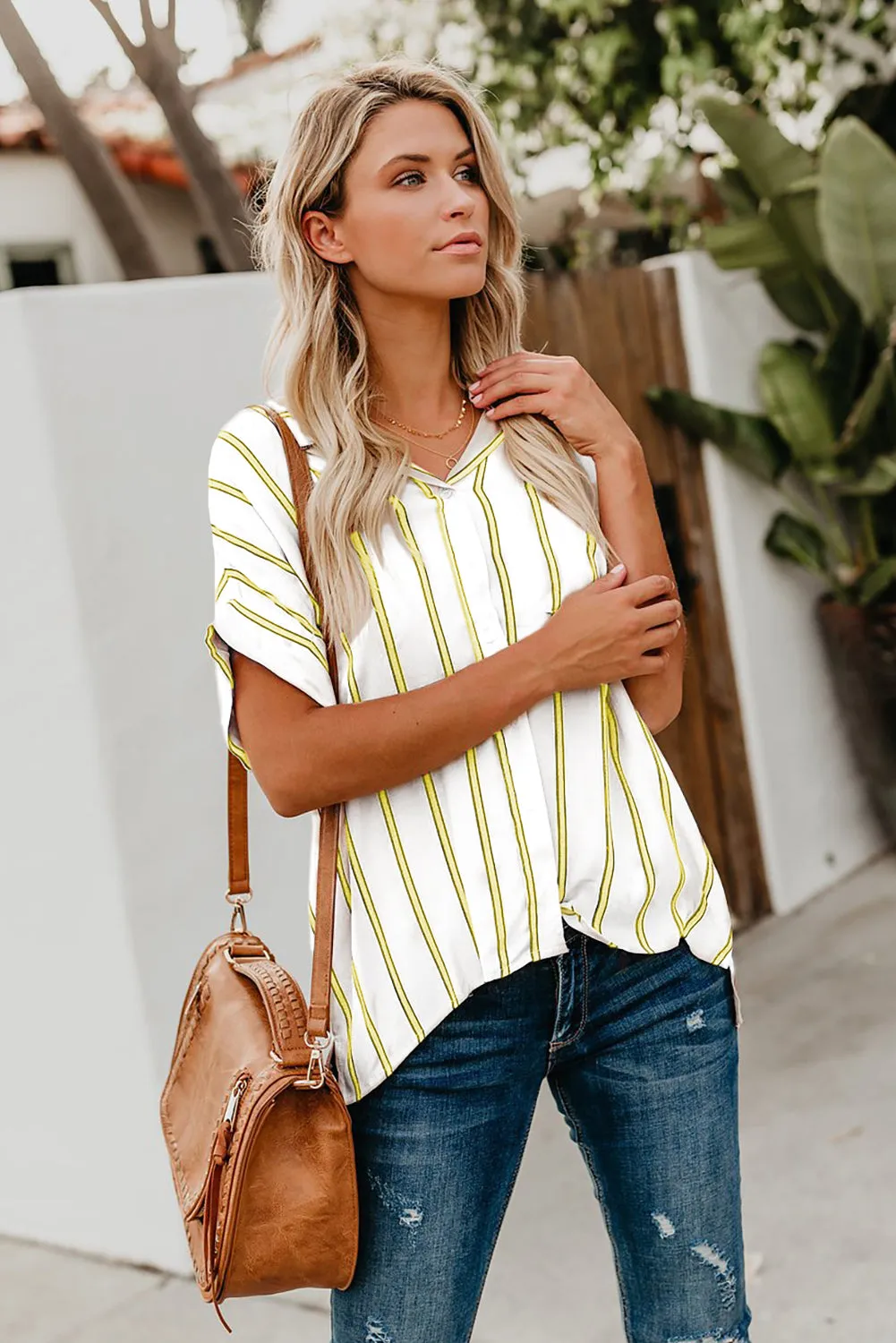 Turnover Neck Striped Button Up Shirt Womens