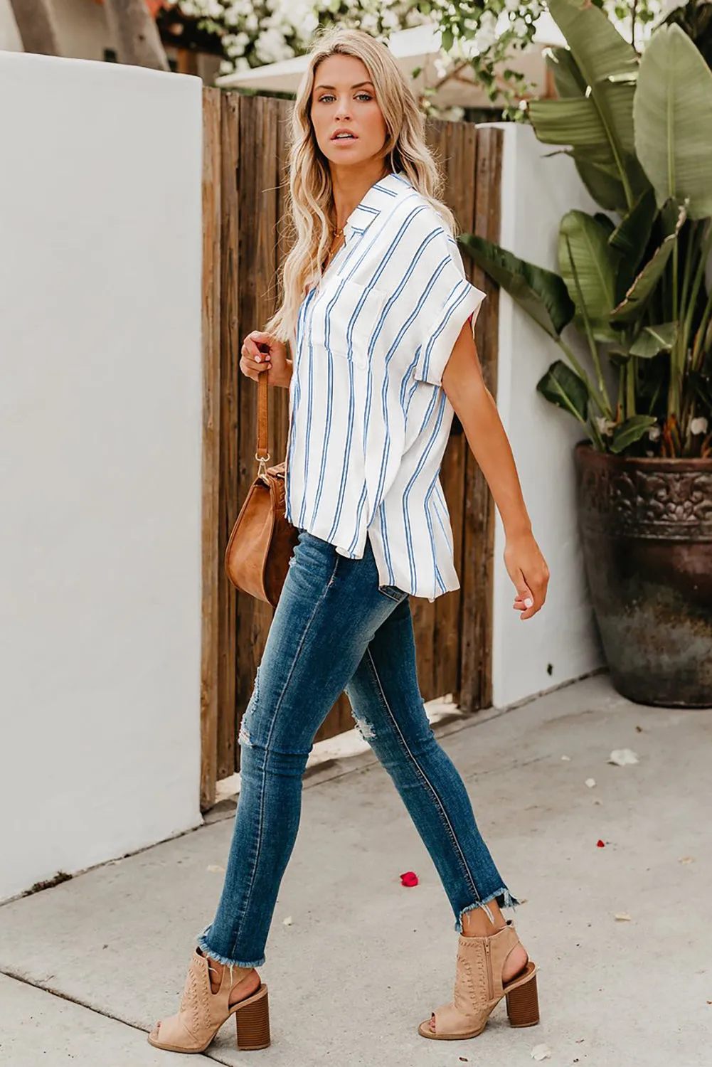 Turnover Neck Striped Button Up Shirt Womens