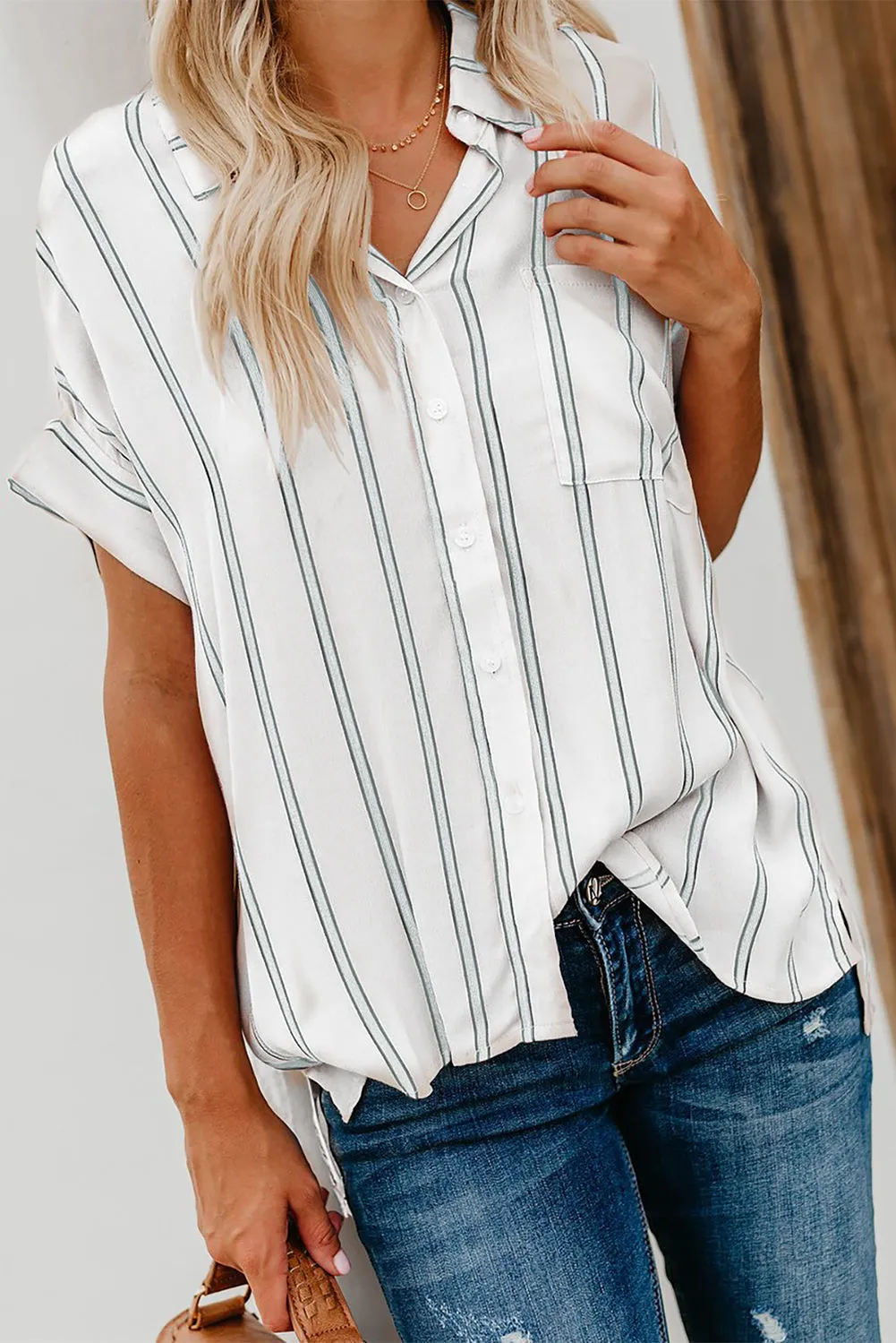 Turnover Neck Striped Button Up Shirt Womens