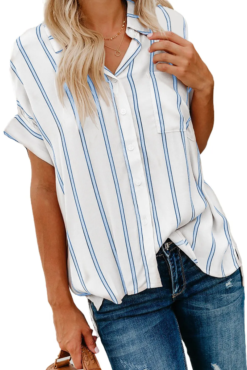 Turnover Neck Striped Button Up Shirt Womens